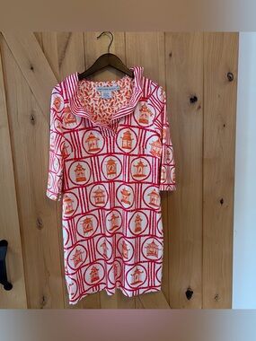 Gretchen Scott Dress L Pink White Pagoda Birdcage Chinoiserie Tunic Dress Resort